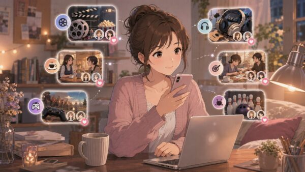 日本人女性がスマホとパソコンで趣味友達を探しているアニメイラスト