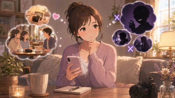 スマホを見ながら趣味友探しで安全な相手か慎重に見極める日本人女性