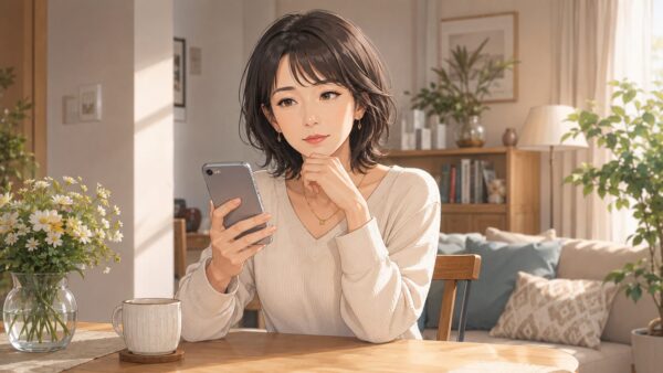 スマホを確認しながら出会いアプリの危険な相手を見極める40代女性